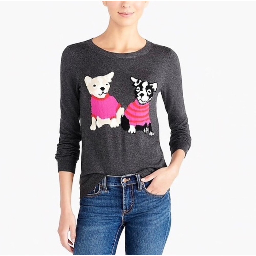 J.Crew Mercantile Womens Gray French Bulldog Dog Intarsia Sweater Small